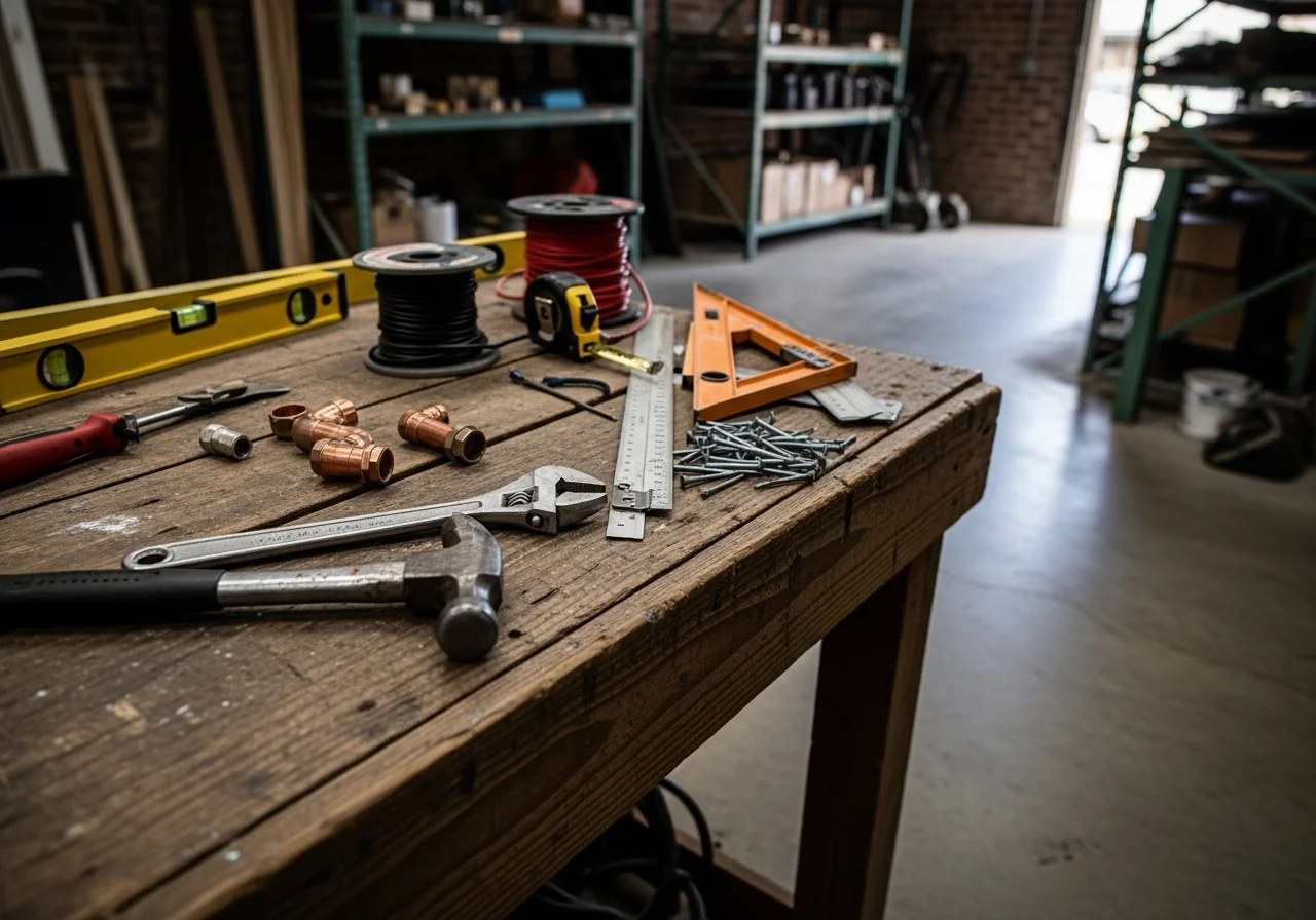 Contractor tools and equipment arranged on a work surface, representing the range of trades offered.