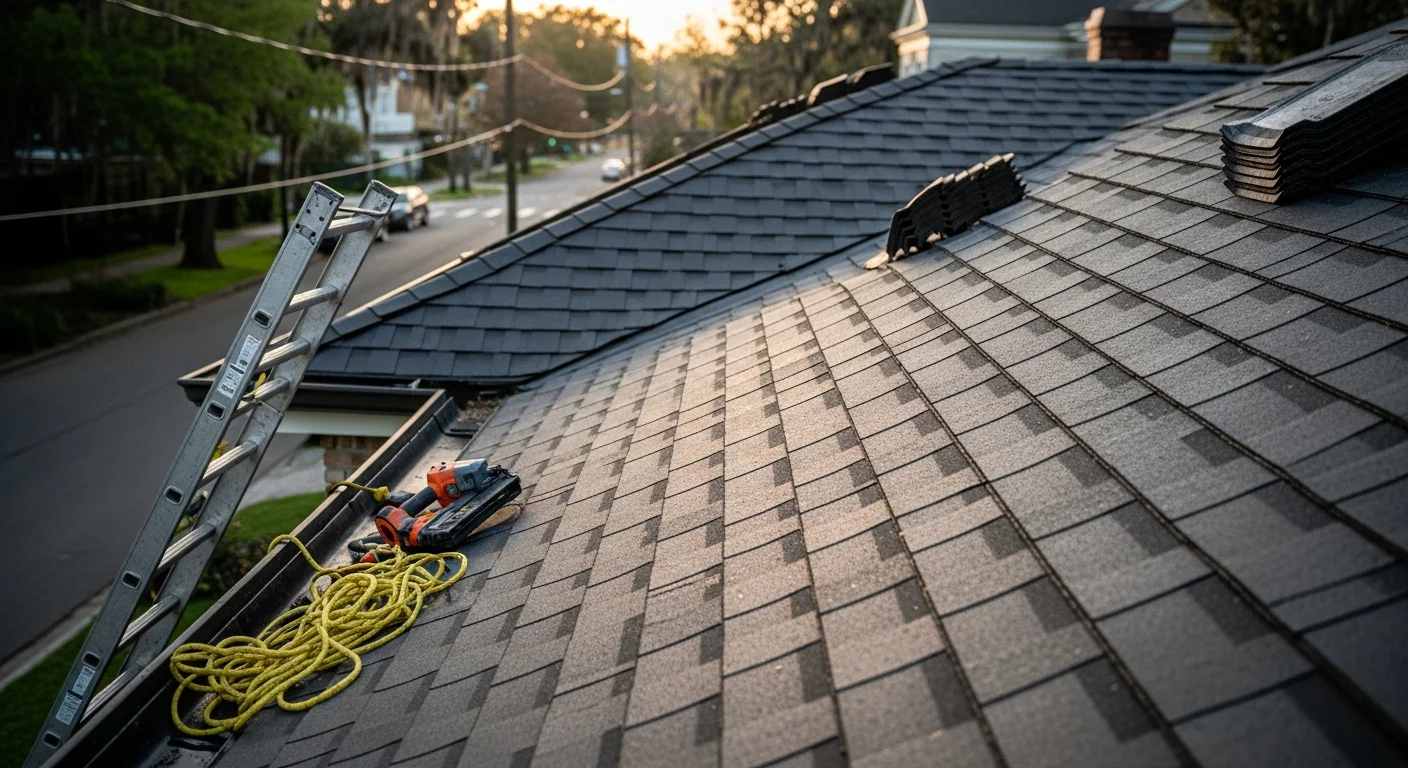Roofer installing shingles on residential roof