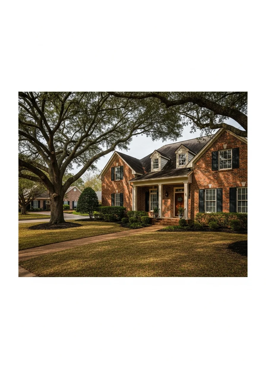 Close-up of a Metairie home's exterior with traditional Louisiana-style features and established property grounds.