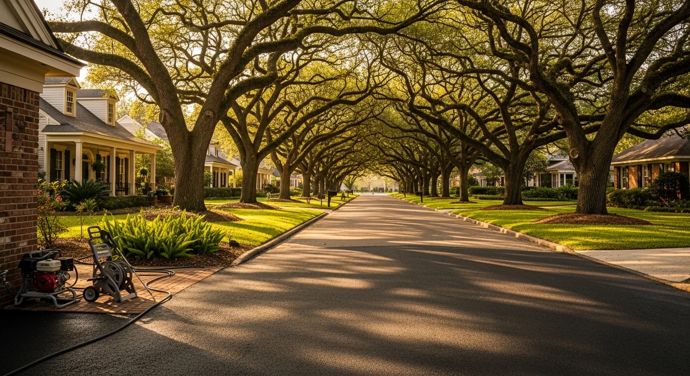 Metairie residential street lined with mature oak trees and well-maintained homes, showing typical neighborhood architecture and landscaping.
