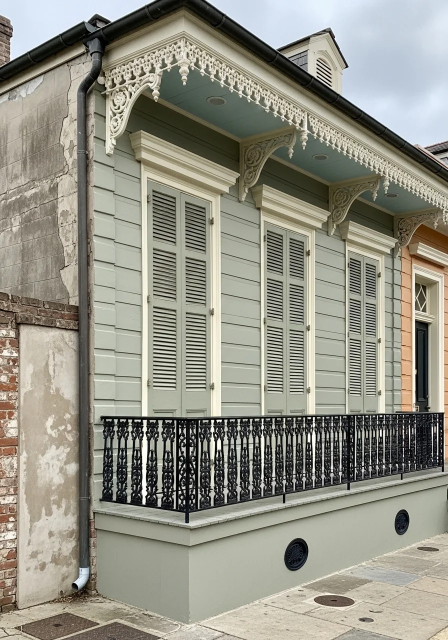 Detail of a New Orleans home's facade with traditional architectural elements and period features.