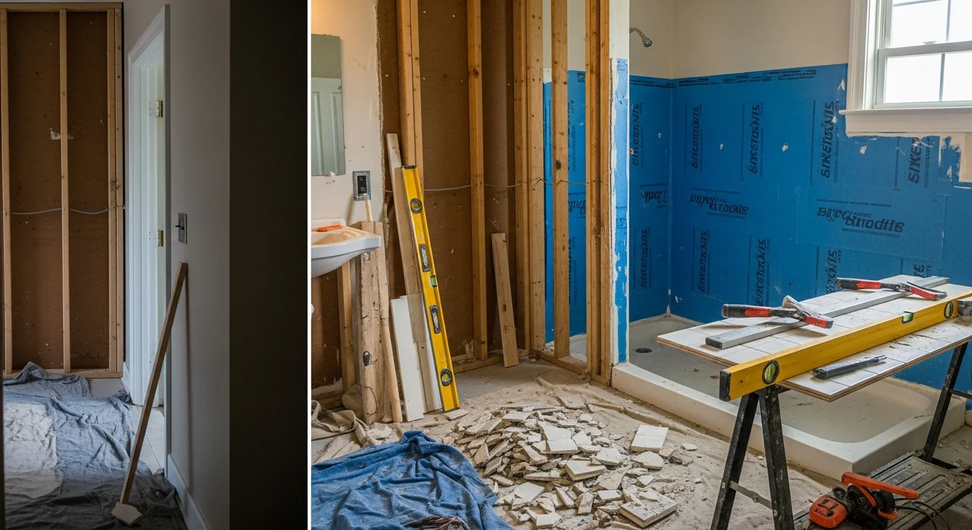 Remodeled bathroom in a Metairie, LA home featuring new floor tile, an updated vanity, and a tiled walk-in shower with a frameless glass enclosure. The finished space reflects a full gut-out renovation completed by DPS General Contractors LLC.