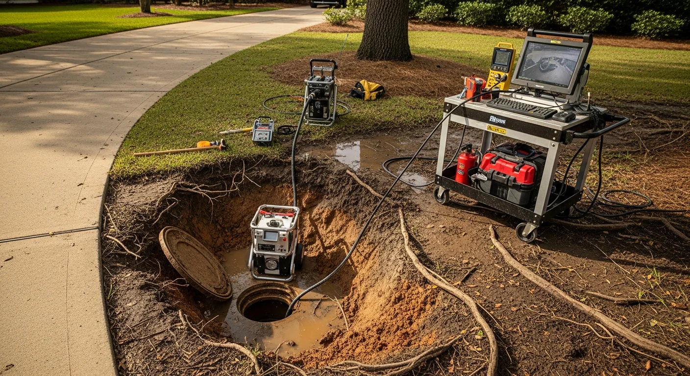 A plumber inspecting an exposed drain pipe in a Metairie, LA residential yard, with visible clay soil and a camera inspection unit nearby. The repaired pipe section shows a clean joint connection after drain repair work.