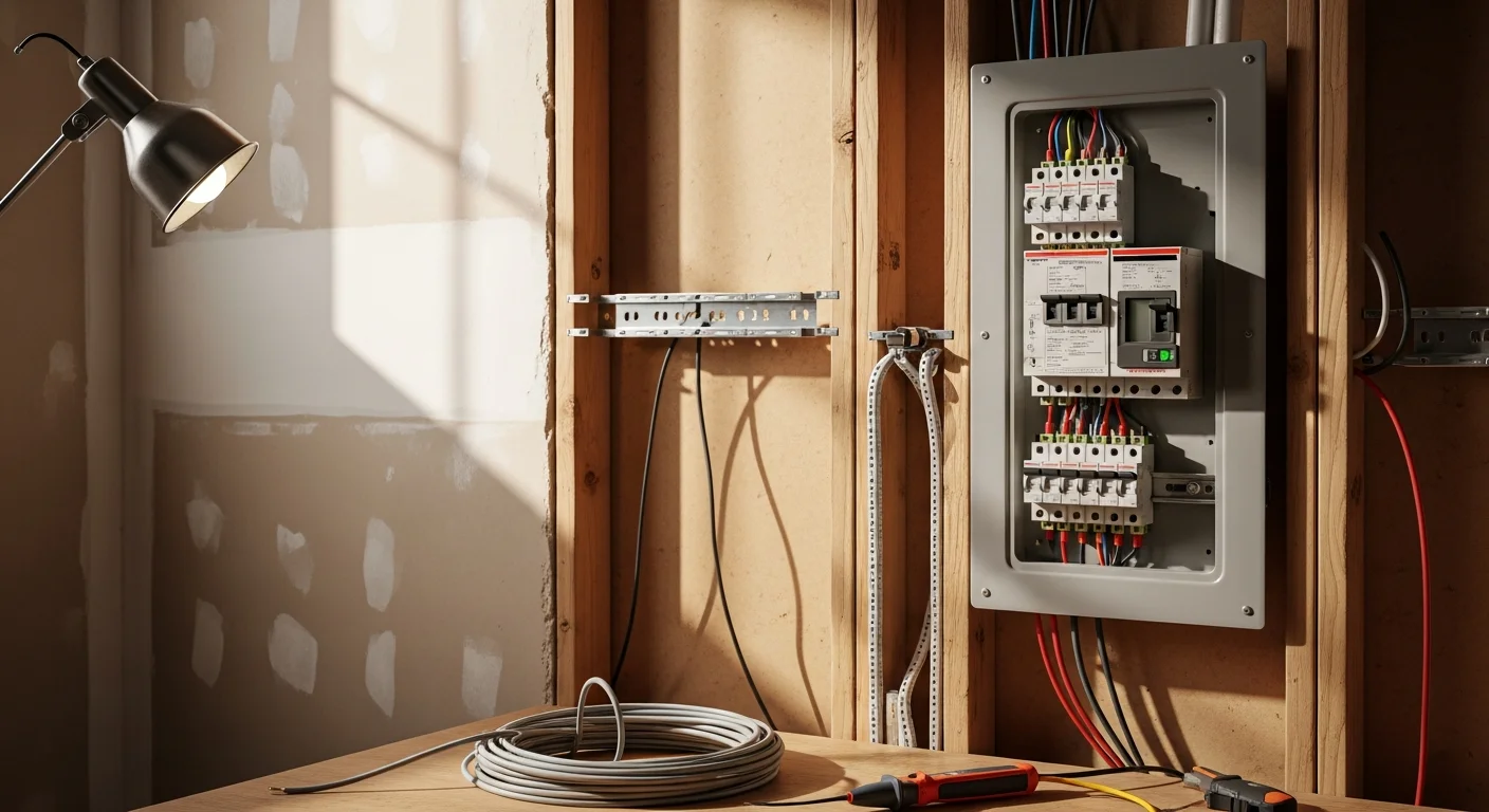 A licensed electrician installing a new circuit breaker panel inside a Metairie, LA home, with organized wiring runs and labeled breakers visible in the open panel box.