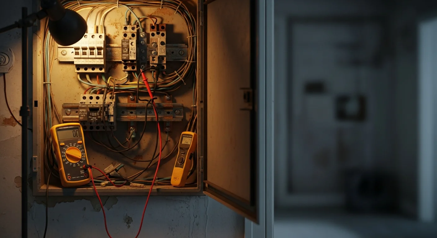 A licensed electrician from DPS General Contractors LLC inspecting an open circuit breaker panel inside a Metairie, LA home. The panel shows labeled breakers and wiring connections being assessed for faults.