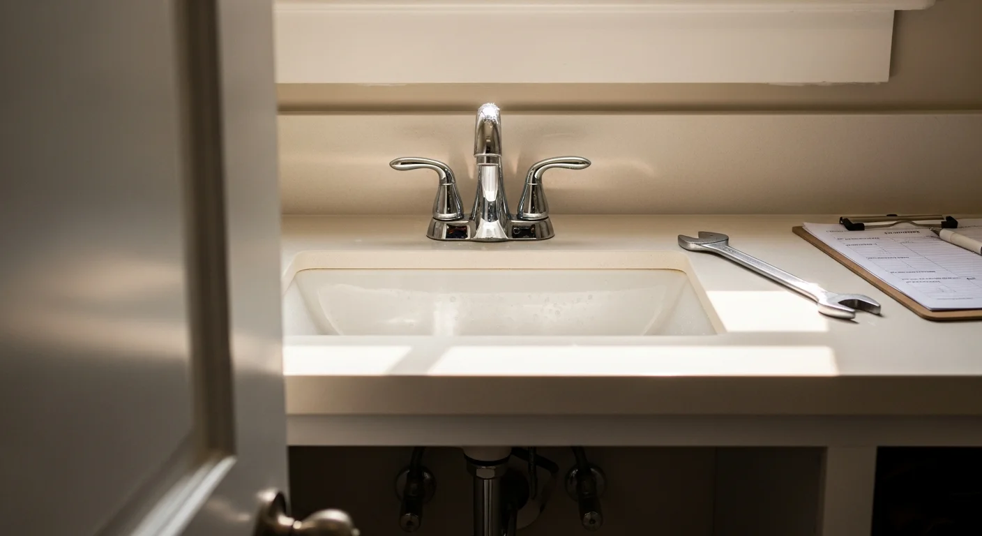 A licensed plumber installing a new kitchen faucet and sink in a Metairie, LA home, with supply lines and shut-off valves visible beneath the cabinet. The finished fixture is seated flush against a clean countertop with no visible gaps or leaks.
