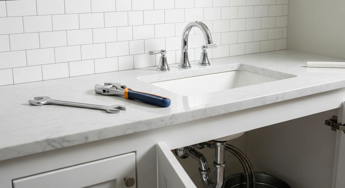 A licensed plumber installing a new bathroom faucet in a Metairie, LA home, with the old corroded fixture removed and fresh supply line connections visible beneath the sink.