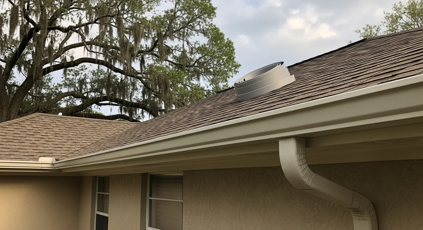 Newly installed gutters on a single-story Metairie, LA home, with downspouts positioned to direct water away from the slab foundation. The gutter run follows the full roofline of a post-war ranch-style house typical of Jefferson Parish.
