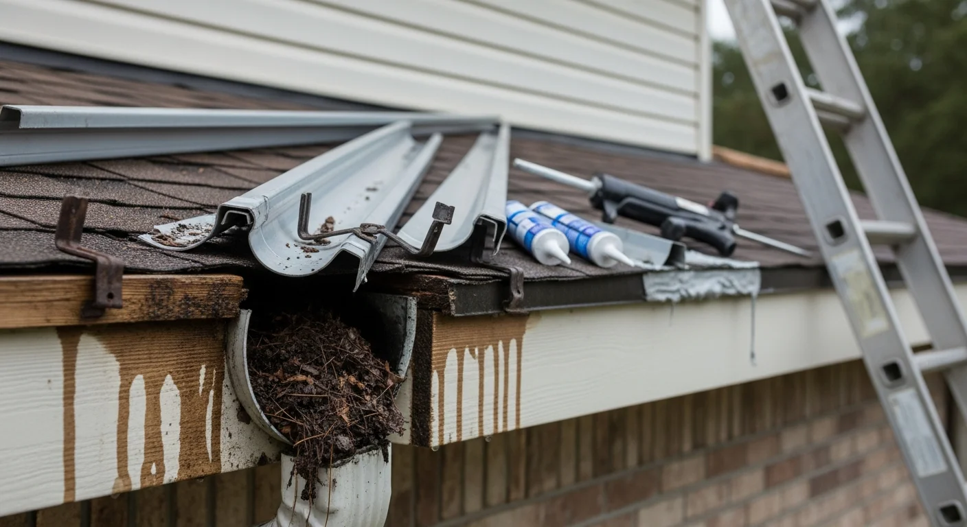 A repaired residential gutter system on a single-story home in Metairie, LA, with clean downspouts and properly seated hangers along the roofline. Water channels away from the foundation after a heavy rain.