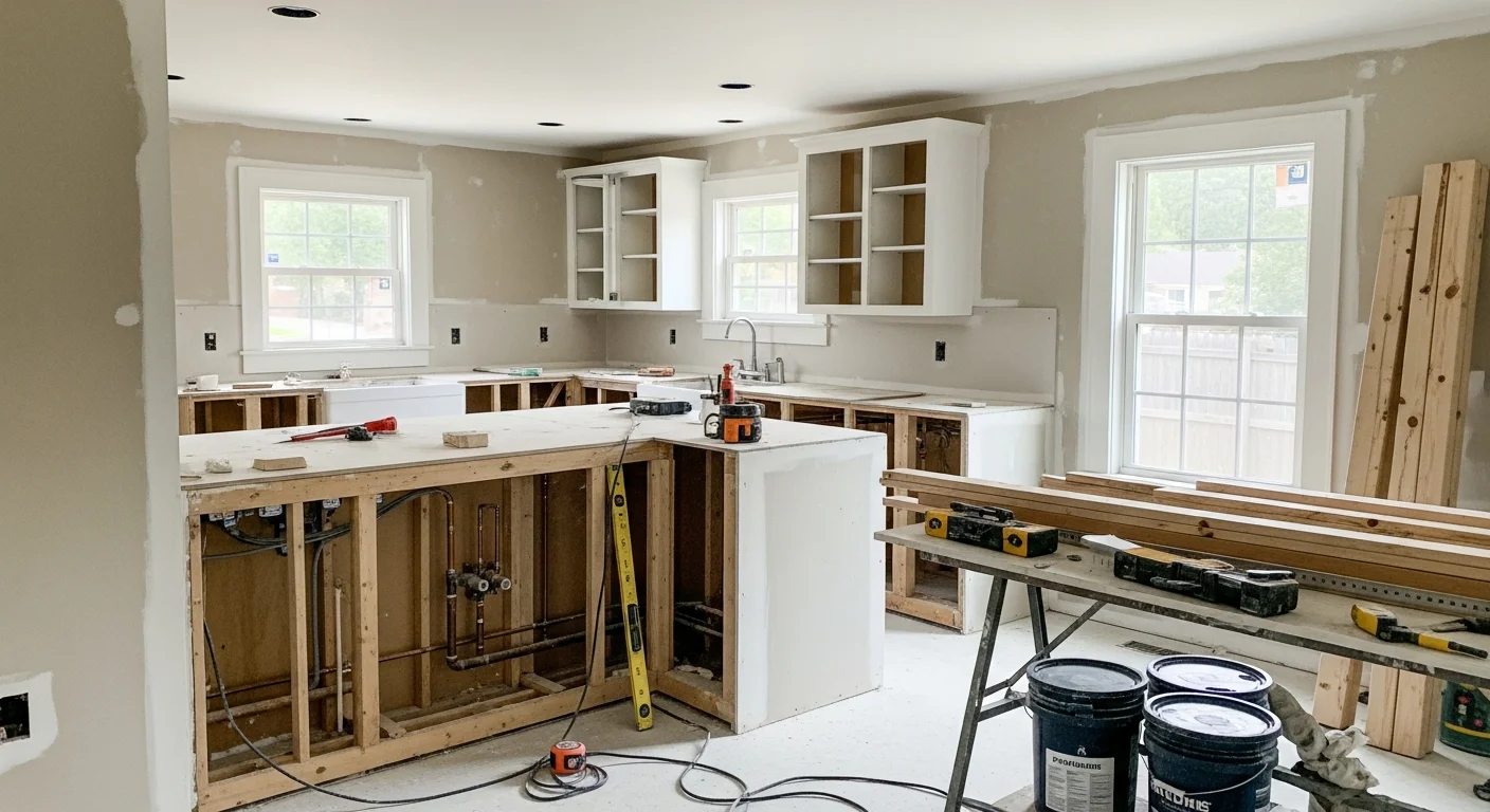 Renovated open-plan kitchen and living area inside a mid-century ranch home in Metairie, Louisiana, with updated flooring and modern cabinetry replacing the original compartmentalized layout. Work completed by DPS General Contractors LLC serving Jefferson Parish homeowners.