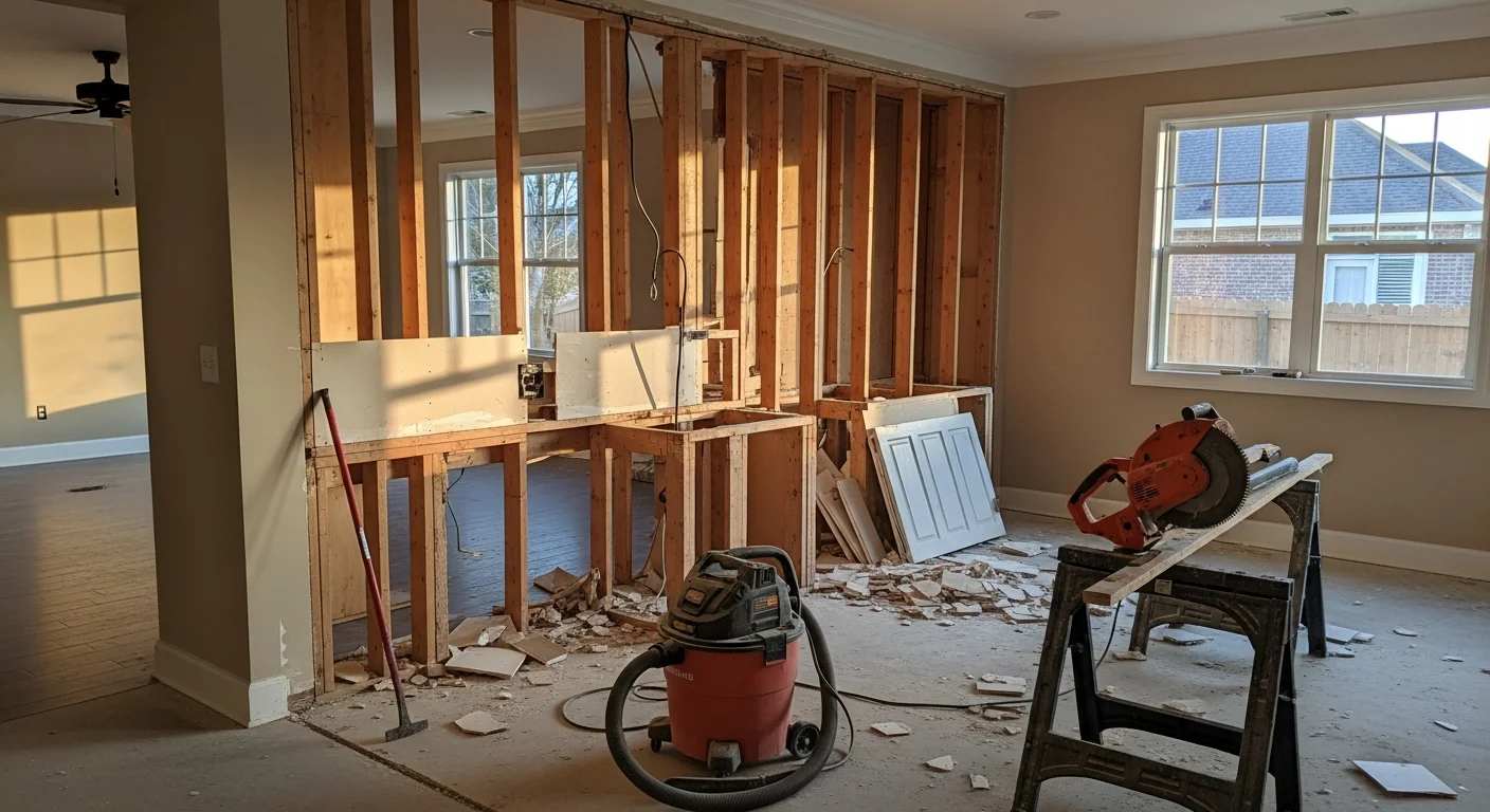 Interior demolition in progress inside a Metairie, LA residential home, with walls stripped to the studs and flooring removed in preparation for a full renovation. Debris is staged for removal while the exterior structure and adjacent rooms remain intact.