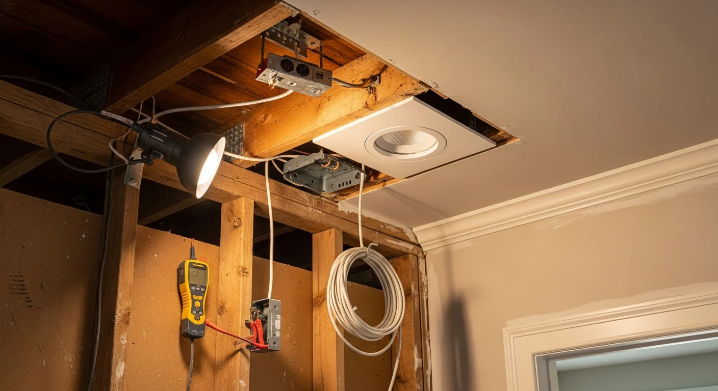 A licensed electrician from DPS General Contractors LLC installing a recessed ceiling light fixture inside a Metairie, LA home. The work area shows exposed ceiling wiring being connected to a new housing unit in a residential living room.