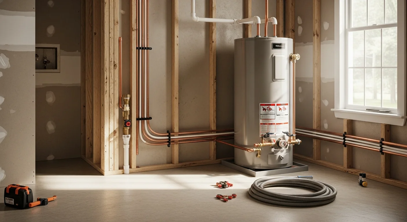 A licensed plumber installing new copper supply lines and drain connections beneath a kitchen sink in a Metairie, LA home. Finished pipe runs are visible against the cabinet interior with shutoff valves in place.