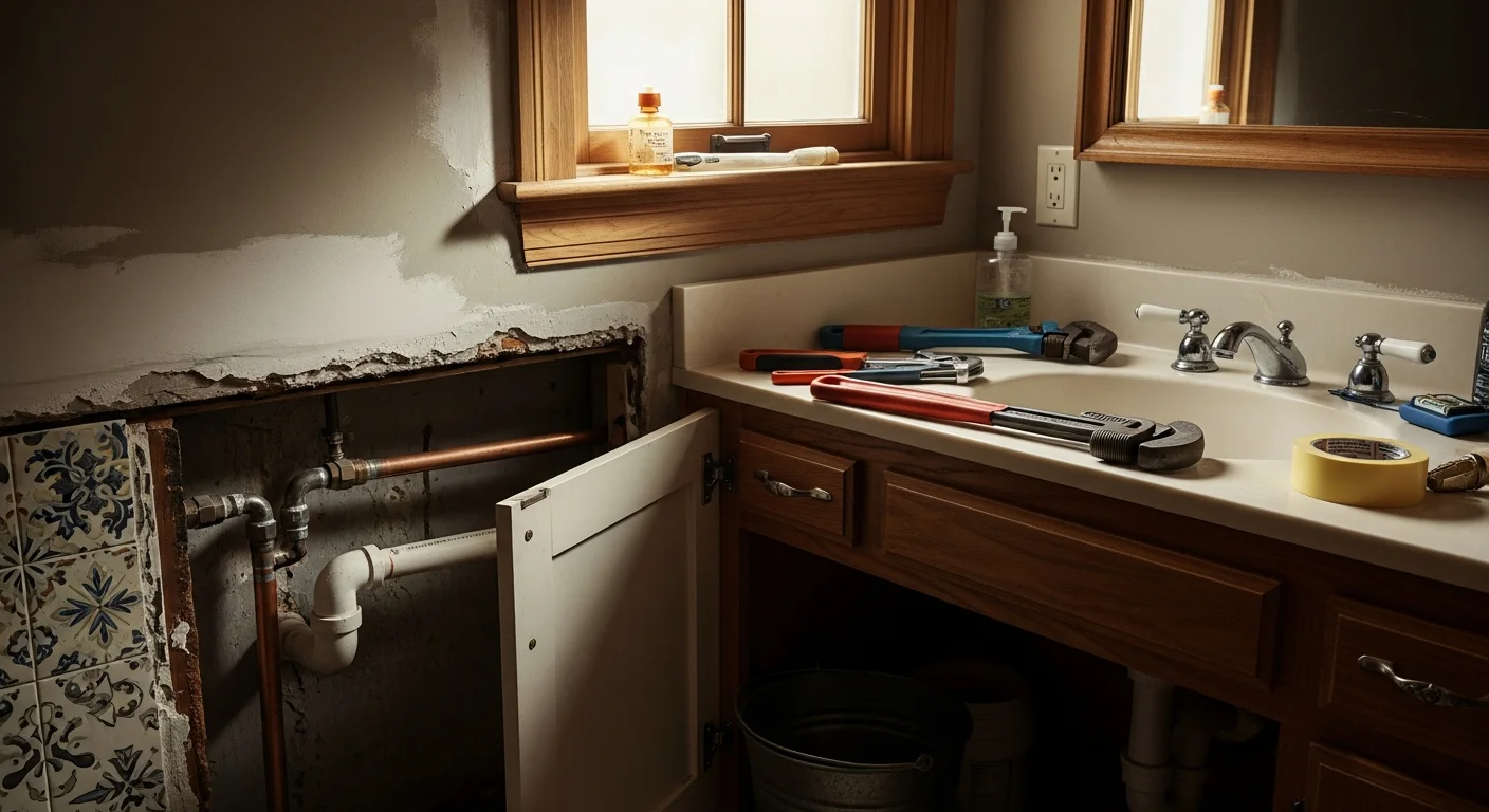 A licensed plumber repairing a corroded pipe connection beneath a kitchen sink in a Metairie, Louisiana home. The work area shows older residential plumbing typical of mid-century construction in the area.