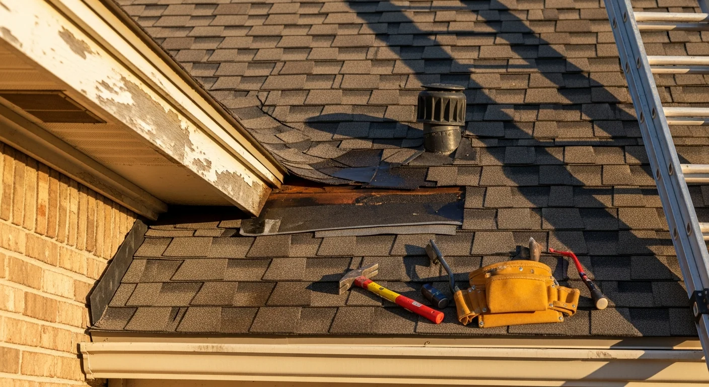 A roofing contractor repairing wind-damaged shingles and flashing on a residential home in Metairie, Louisiana. The repair work focuses on a roof-to-wall transition area typical of Jefferson Parish housing stock.