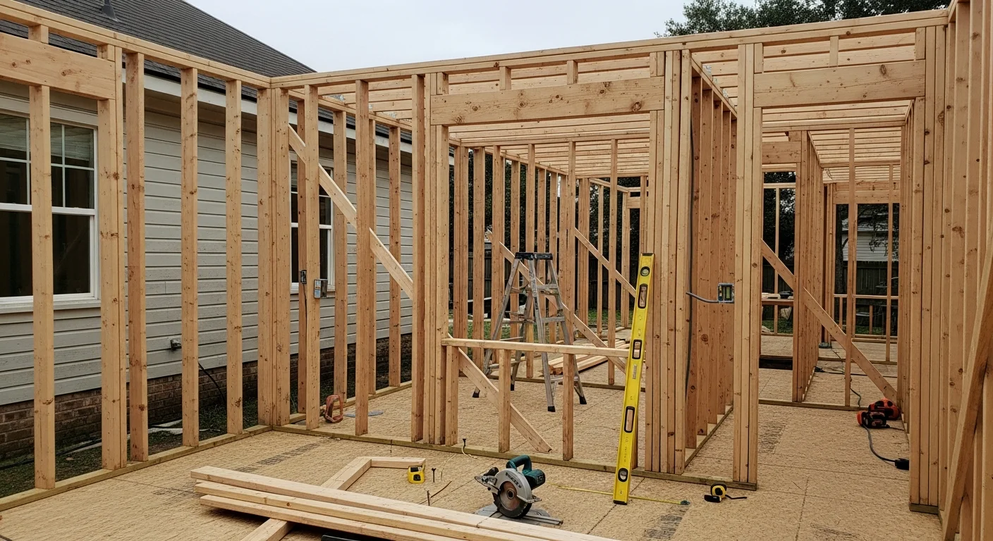 A newly completed rear room addition on a single-story home in Metairie, Louisiana, with exterior siding and roofline matched to the original structure. The addition extends the living area toward the backyard with a clean, integrated finish.